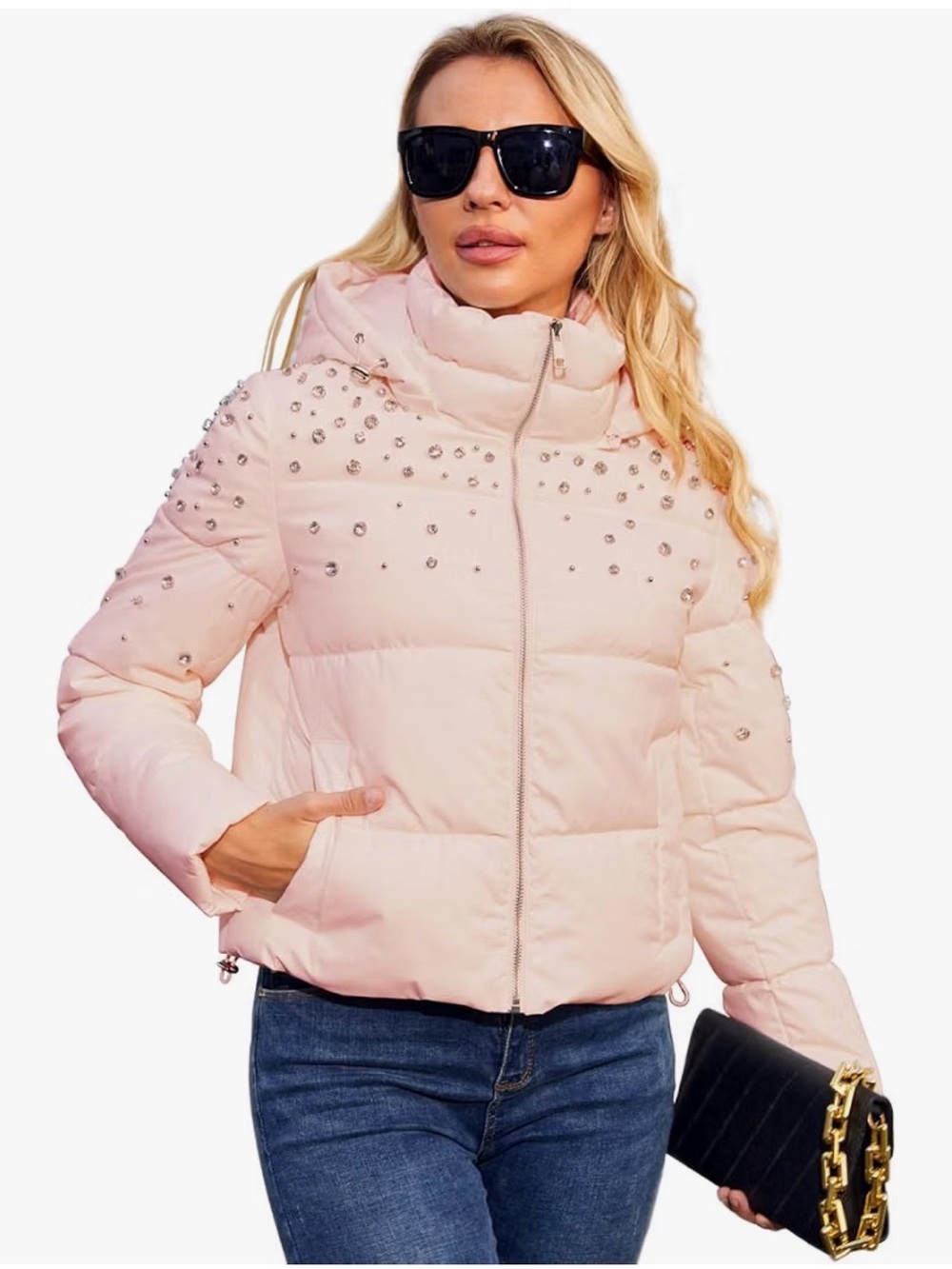 Women's Light Pink Puffer Jacket with Stud Detail